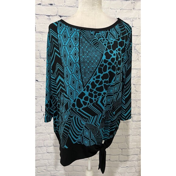 Susan Graver Printed Long Sleeve Tunic Blouse Tie Waist Size 1X Black Turquoise - Picture 1 of 6
